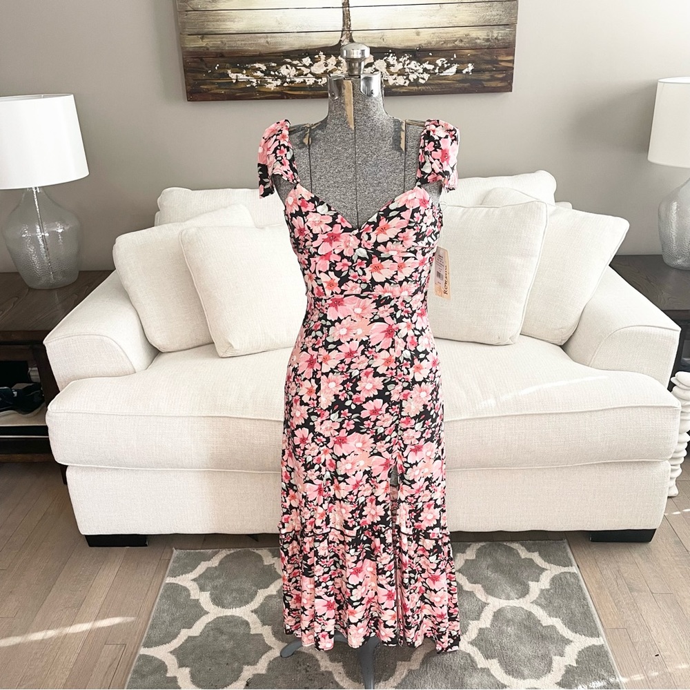 XS pink red black green floral print midi high low dress